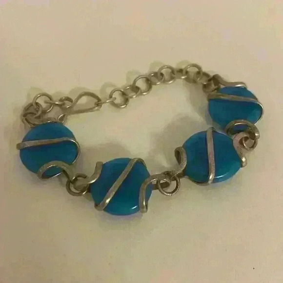 Sterling Silver Vintage 80s Italian Blue Glass Bracelet - Picture 2 of 15